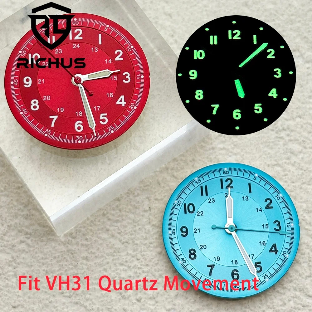 RICHUS 29mm Steriles Rot/Blaues Uhrenzifferblatt mit grüner Leuchtfunktion und silbernen Zeigern, passend für VH31 Quarzwerk, 24-Stunden-Skala, Uhrenteile