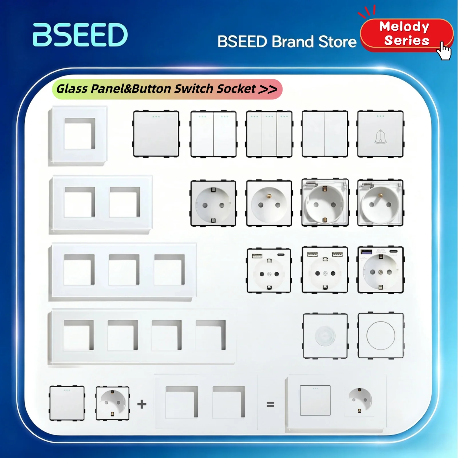 BSEED 1/2/3Gang 1/2Way Wall Button Switch Wall Power Socket Electrical Outlets Part Glass Frame DIY Module Part Free Combination