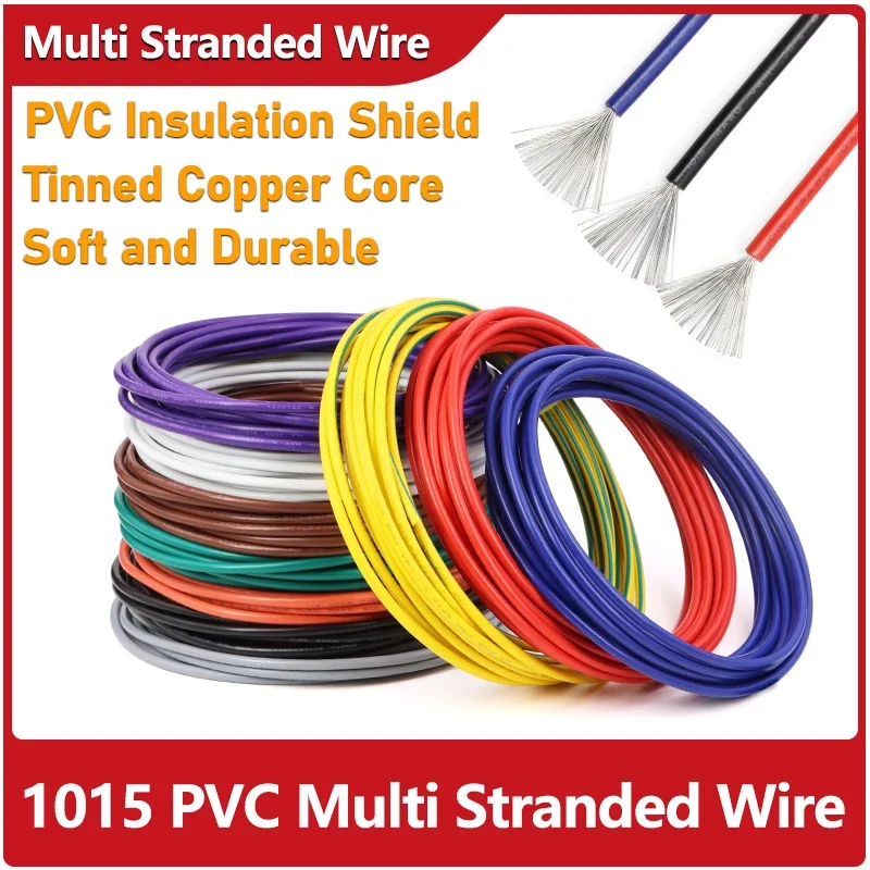 Fio Elétrico Multi-Fios de PVC 2/5m 1015, Cobre Estanhado, 24 22 20 18 16 14 12 10 8 AWG, Cabo Isolado em PVC, Linha LED DIY 600V