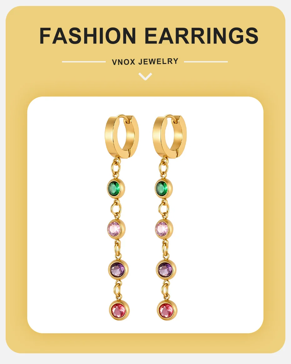 Vnox Minimalistisches, vergoldetes, mehrfarbiges Zirkonia-Schmuckset mit Halskette, Ohrringen und Armband für Damen, trendiger, farbenfroher Kristallschmuck – Detail 6