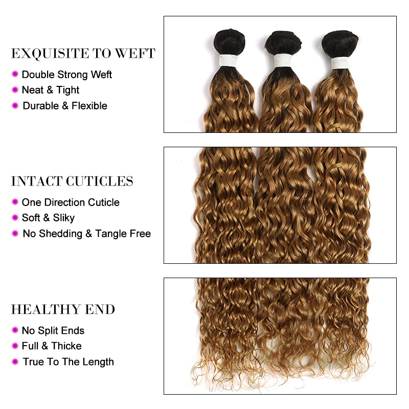 Water Wave Bundles With Closure Ombre Blonde Colored Human Hair Weave Extensions With Lace Closure Brazilian Remy Hair