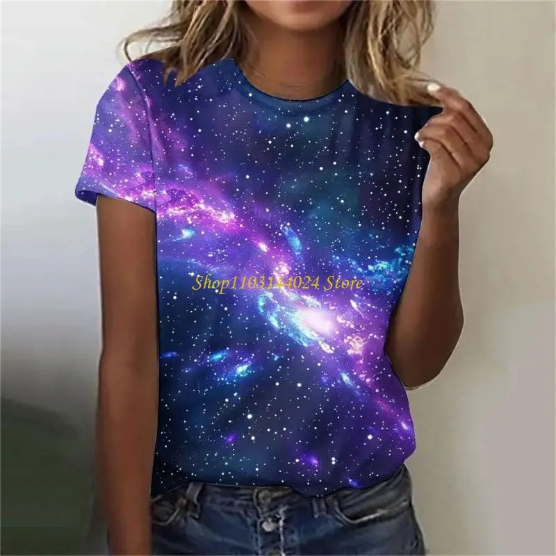 N5KE Women's Starry Print Minimalist Shirt Casual Short-Sleeve Round Neck Pattern T-Shirt