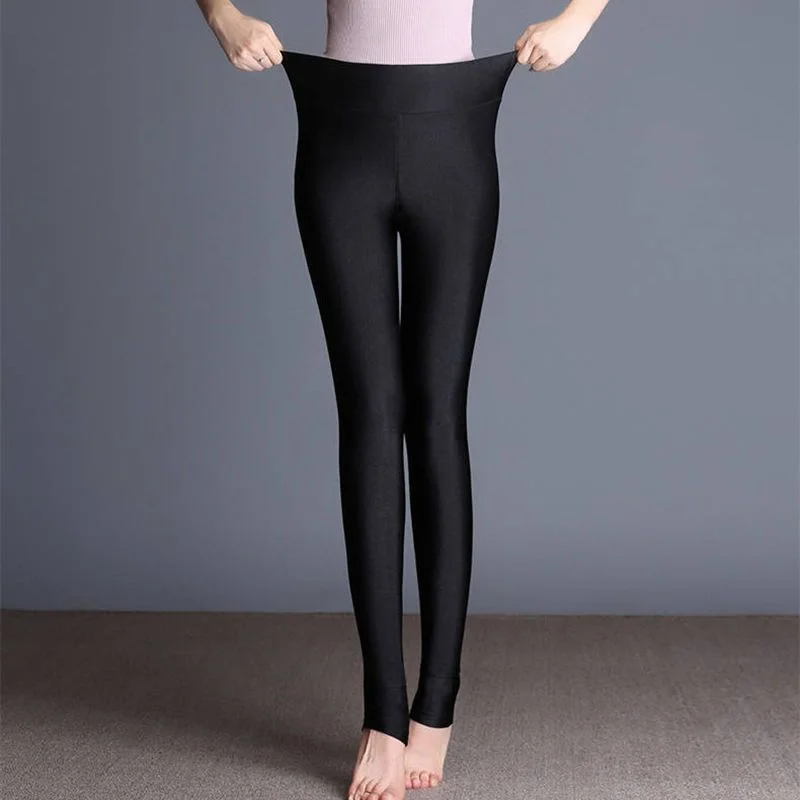 กางเกงเลกกิ้งหนาสำหรับฤดูหนาว เนื้อผ้ามันเงา กางเกงขายาวเอวสูง ให้ความอบอุ่นสำหรับผู้หญิง