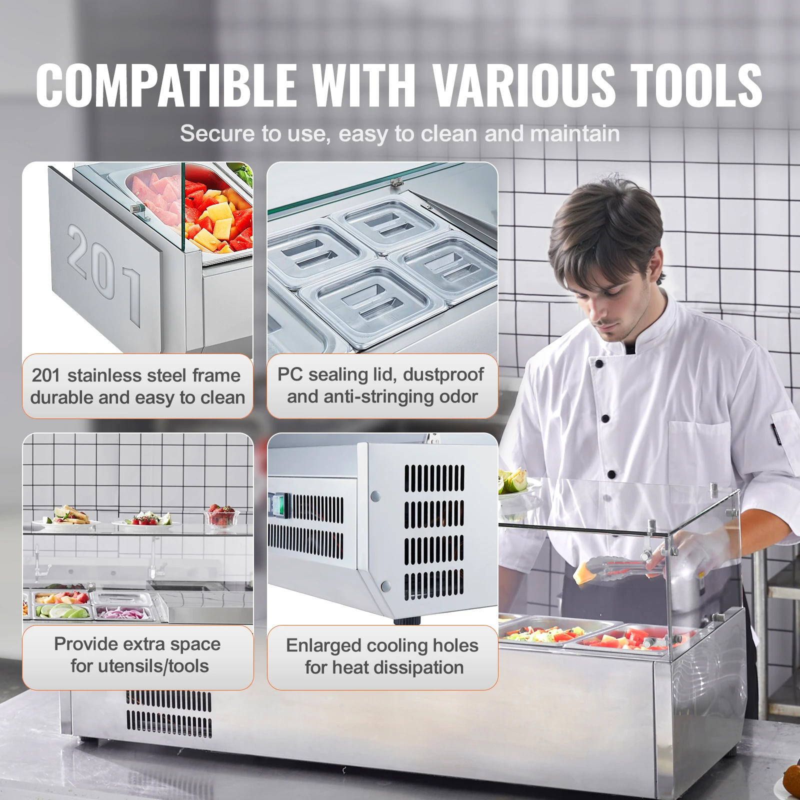 محطة إعداد البهارات المبردة على سطح الطاولة VEVOR 304 غطاء من الفولاذ المقاوم للصدأ للجسم والكمبيوتر الشخصي، طاولة إعداد الساندويتش مع واقي زجاجي