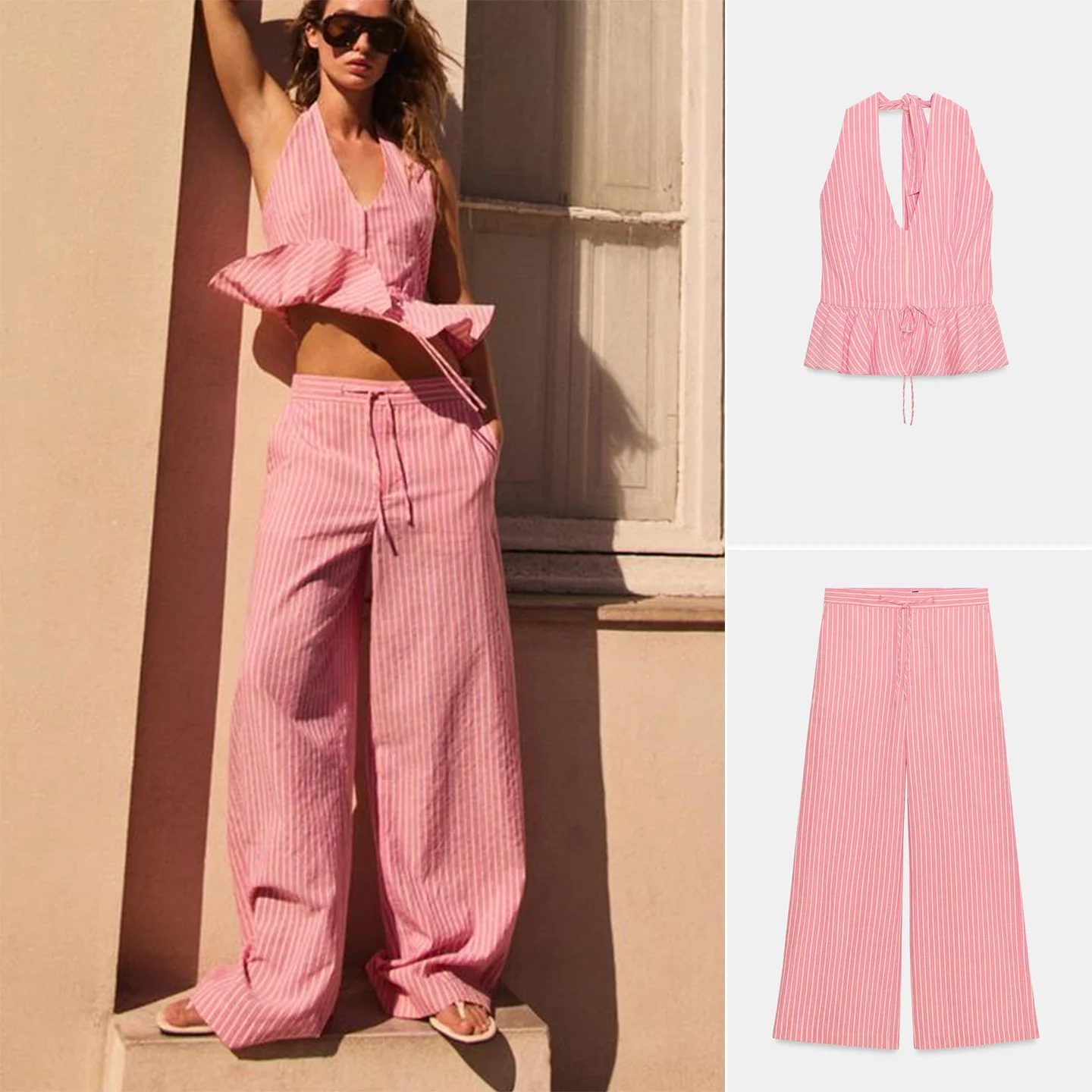 

Elastic Waist Short Skirt Style Backless V-Neck Top with Belt Wide Leg Pants Two-Piece Set Summer Fashion Women's Outfit