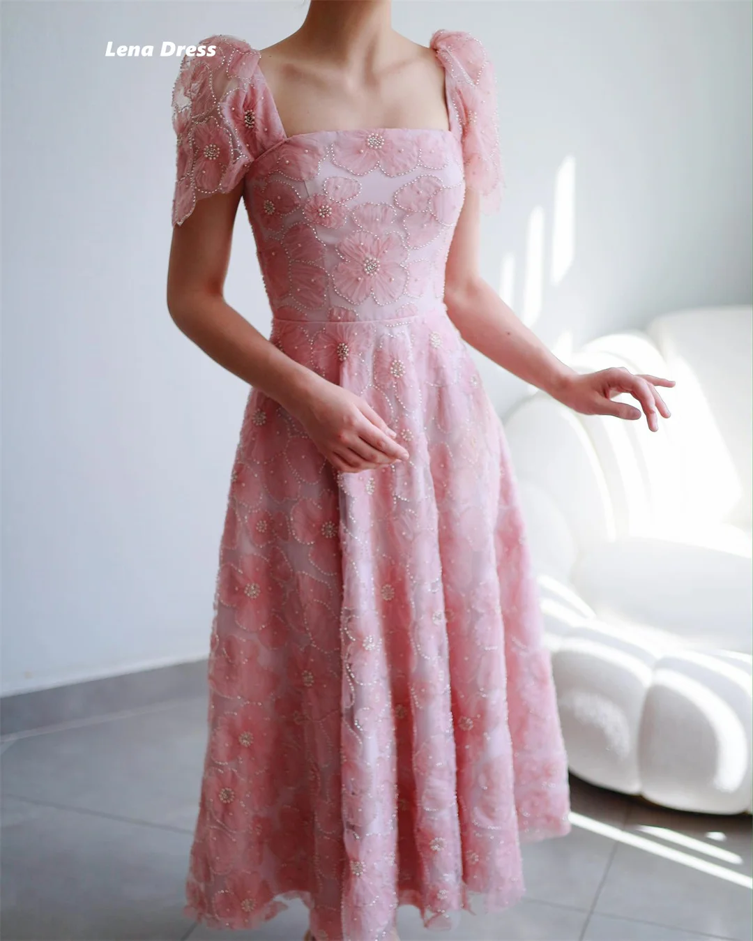 Lena Custom Made Prom Dresses 2025 Luxury Evening Dress Woman Luxurious Party Dress Pink Square Collar Floral Lace Short Sleeves