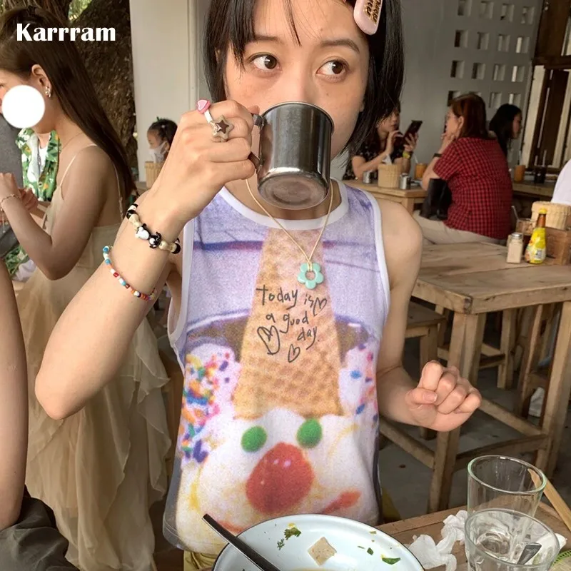 Karrram Y2k Aesthetics Tank Top Japanese Harajuku Joker Ice Cream Print Crop Top 2000s Kawaii Sleeveless Tops E-girls Streetwear