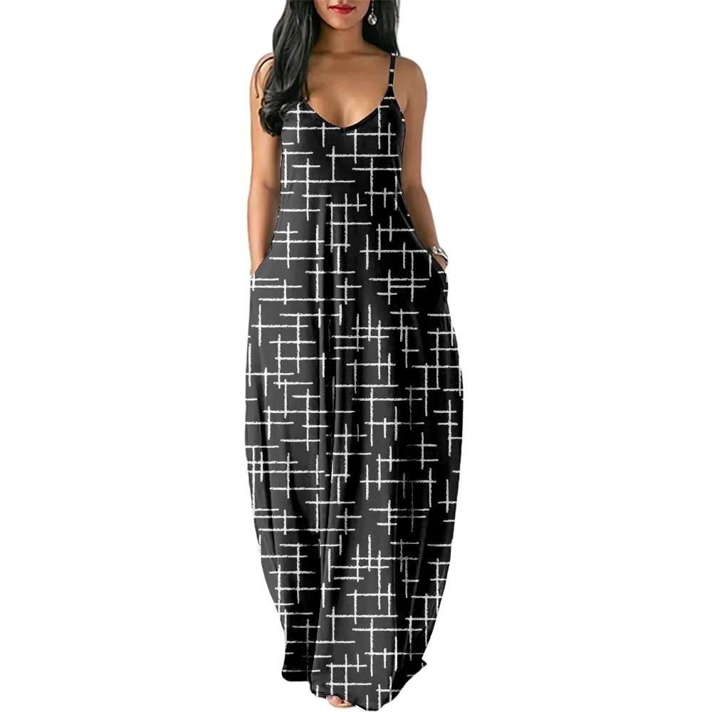 

Line Print Women Casual Short Sleeve Dress Loose Long Double Pocket Beach Resort -Woman Dress