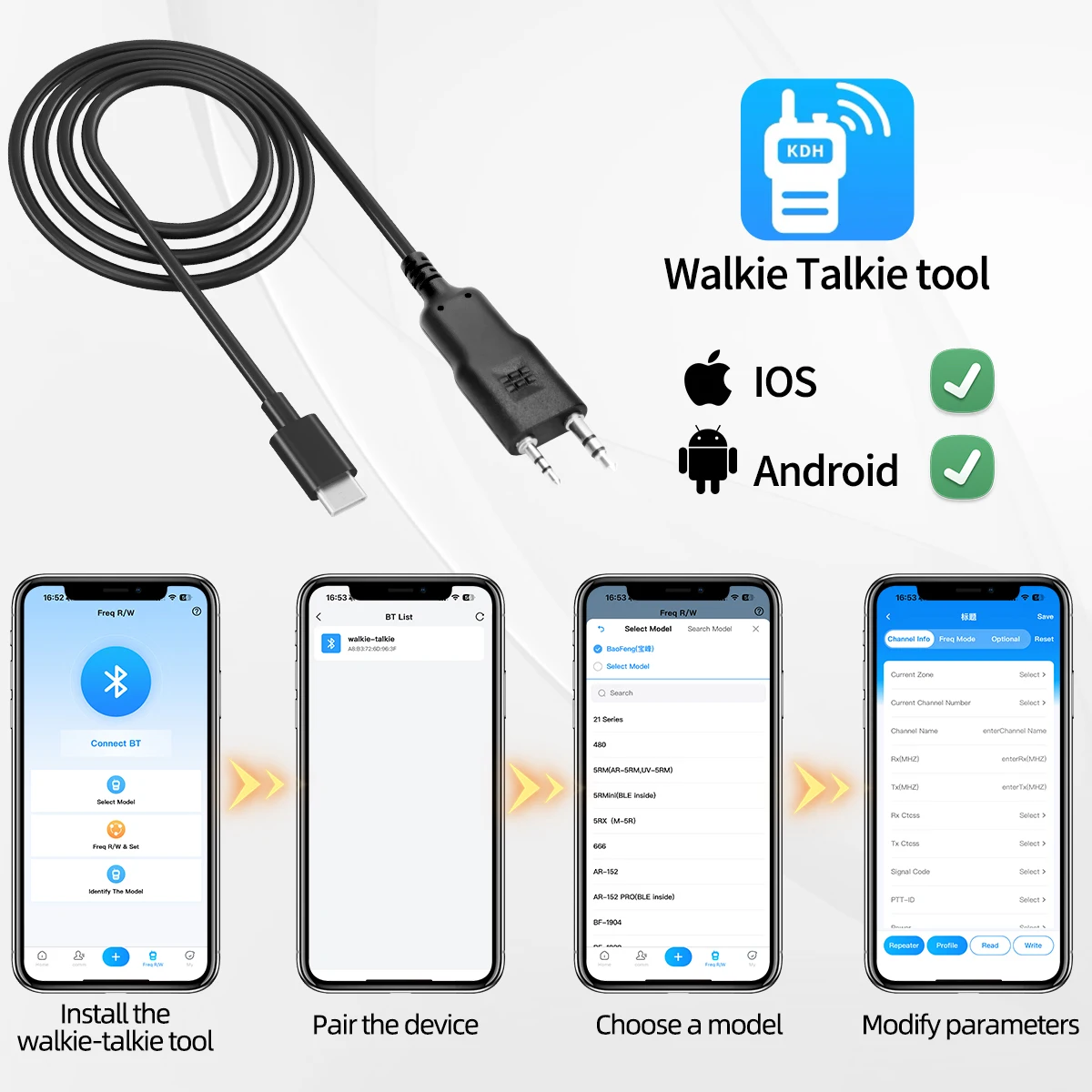 ABBREE سماعة لاسلكية تعمل بالبلوتوث الهاتف APP كابل برجمة ل Baofeng UV 5RH UV-5R Mini BF-888S UV-21 Quansheng UV-K5 اسلكية تخاطب