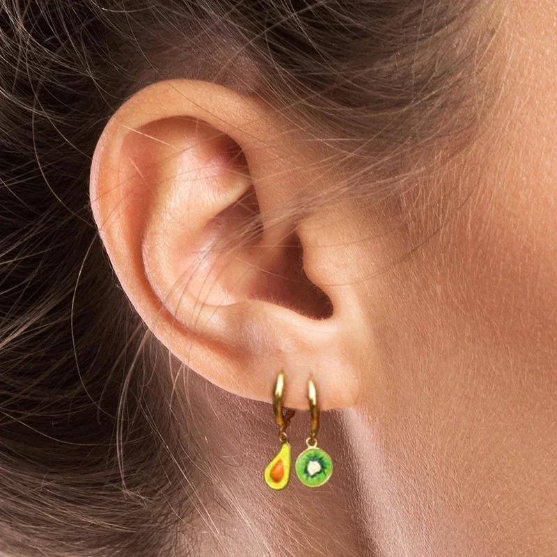 925 Sterling Silver Needle Cute Enamel Fruit Pendant Hoop Earrings for Women Strawberry/Kiwi Fruit/Pepper Gold Earrings Jewelry