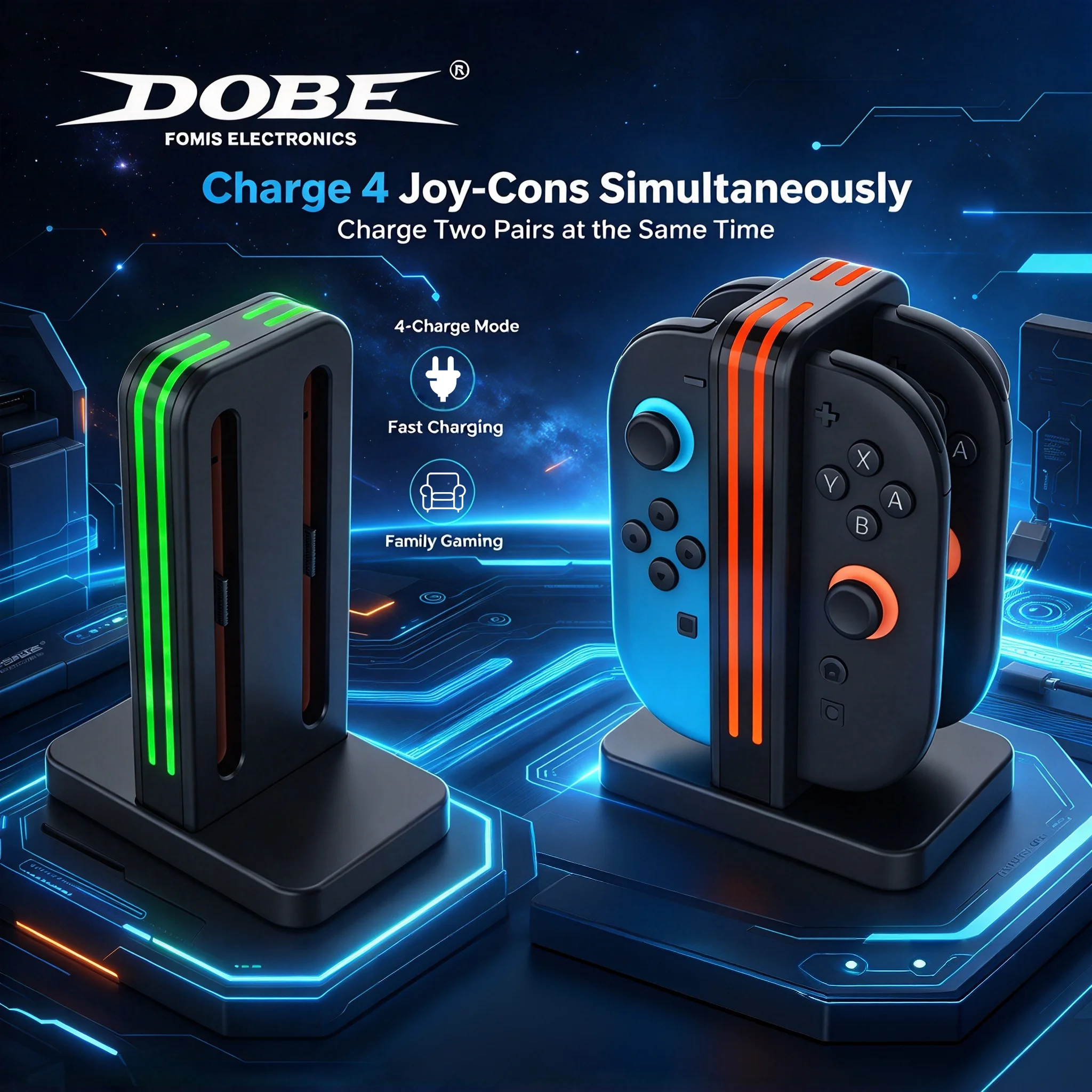 4 in 1 Magnetic Charging Dock for NS2 Joy-Con 2 Controllers Auto Alignment Quad Charger Stand with LED Light Bar Black