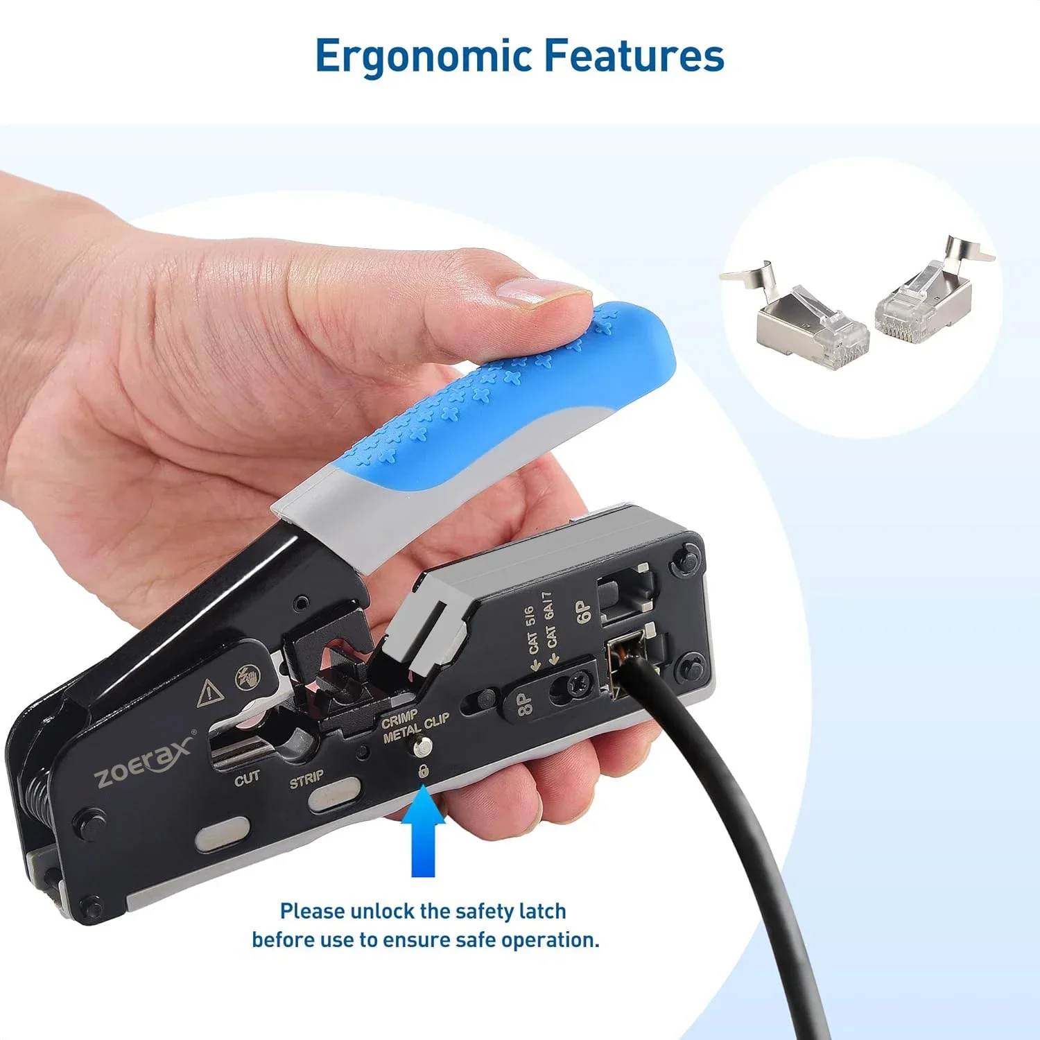 ZOERAX RJ45 Ethernet Crimping Tool for CAT8 Cat7 Cat6a Cat6 Cat5e Ethernet Connectors with wire stripping and cutting functions - view 4