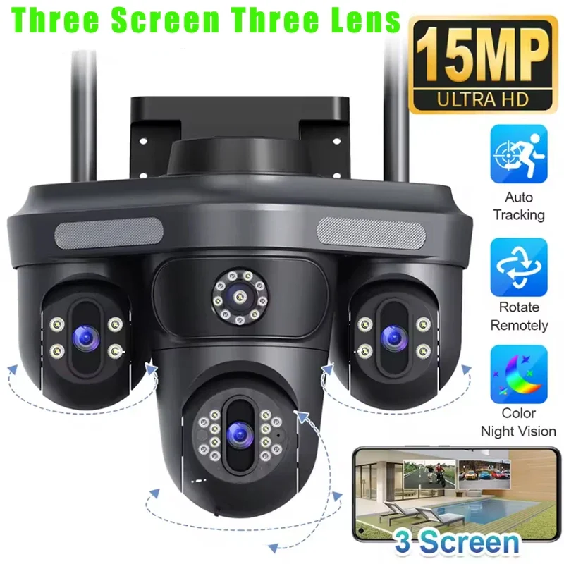 

15MP Three Screens Cam WiFi IP Camera Wireless Outdoor Three Lens 2-Way Audio Human Auto Tracking Surveillance Security Cameras
