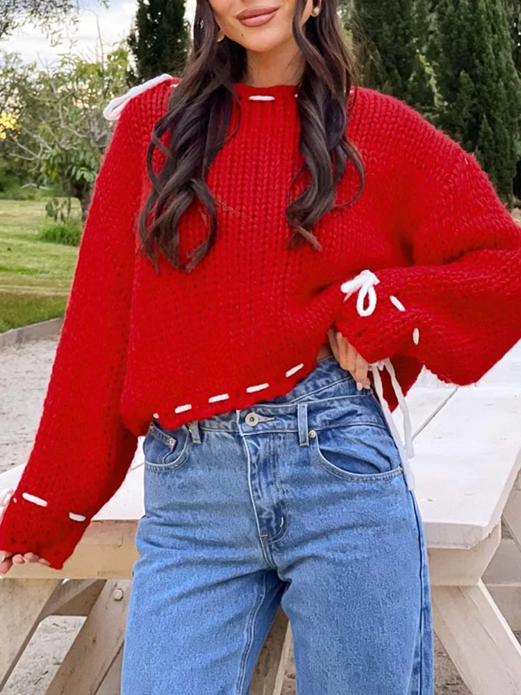 

Women's Long Sleeve round Neck Sweater Autumn Winter Fashion Comfortable Plain Lace-Up Daily Top