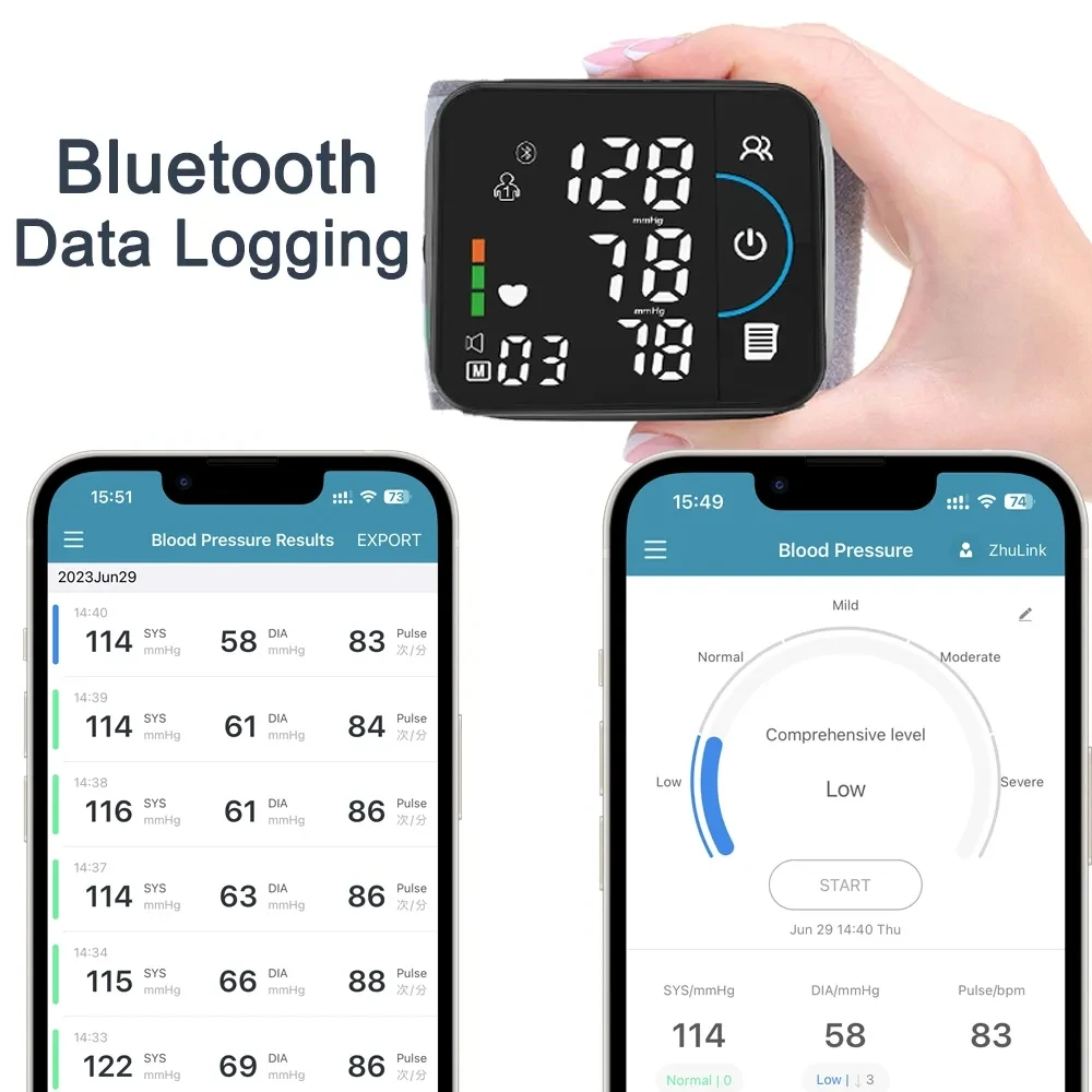 Bluetooth ses bilek kan basıncı monitörü USB şarj edilebilir büyük ekran tonometre dijital tansiyon aleti baumanometer