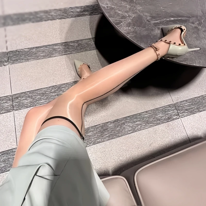 Kontrastfarbene kubanische Absatzstrümpfe mit Rückennaht, oberschenkelhoch, für Damen, sexy, ölig glänzend, Party, Medis 1D, ultradünn, transparente Unterwäsche