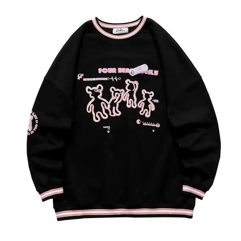 Kreskówka niedźwiedź biggorange luźna bluza z kapturem damska w stylu college'u letnia bluza z okrągłym dekoltem zabawny nadruk z niedźwiedziem topy z długim rękawem