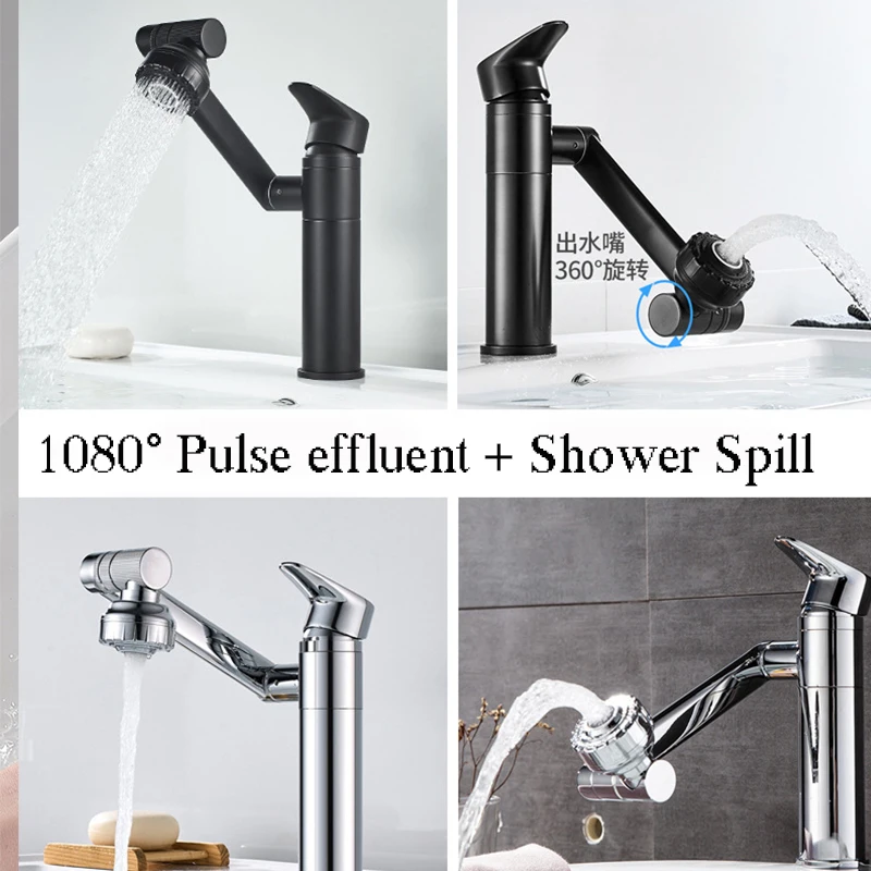 1080° Swivel Bathroom Sink Faucet Mixer Deck Mounted Splash Proof Water Tap Shower Head Aerators Tapware For Bathroom