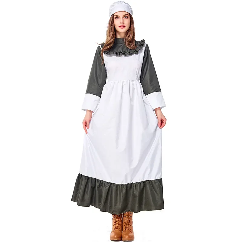 Colonial Village Woman Adult Costume Victorian Maid Cosplay Kitchen Cooking Uniform Halloween Purim Fancy Dress