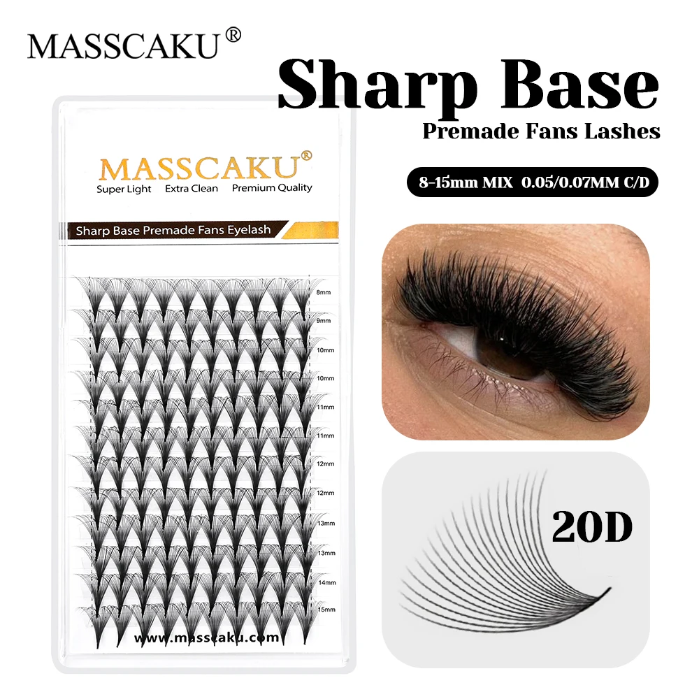 MASSCAKU 0.07mm Thickness Natural 10D Sharp Narrow Stem Eyelash Matte Deep Black Sharp Base Premade Fans Eyelashes Easy to Grip