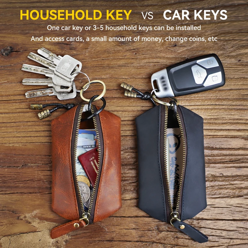 Genuine Leather Key Wallet Men Handmade Car Smart Key Holder Housekeeper Key Case Zipper Key Pocket Keychain Coin Purse Bag