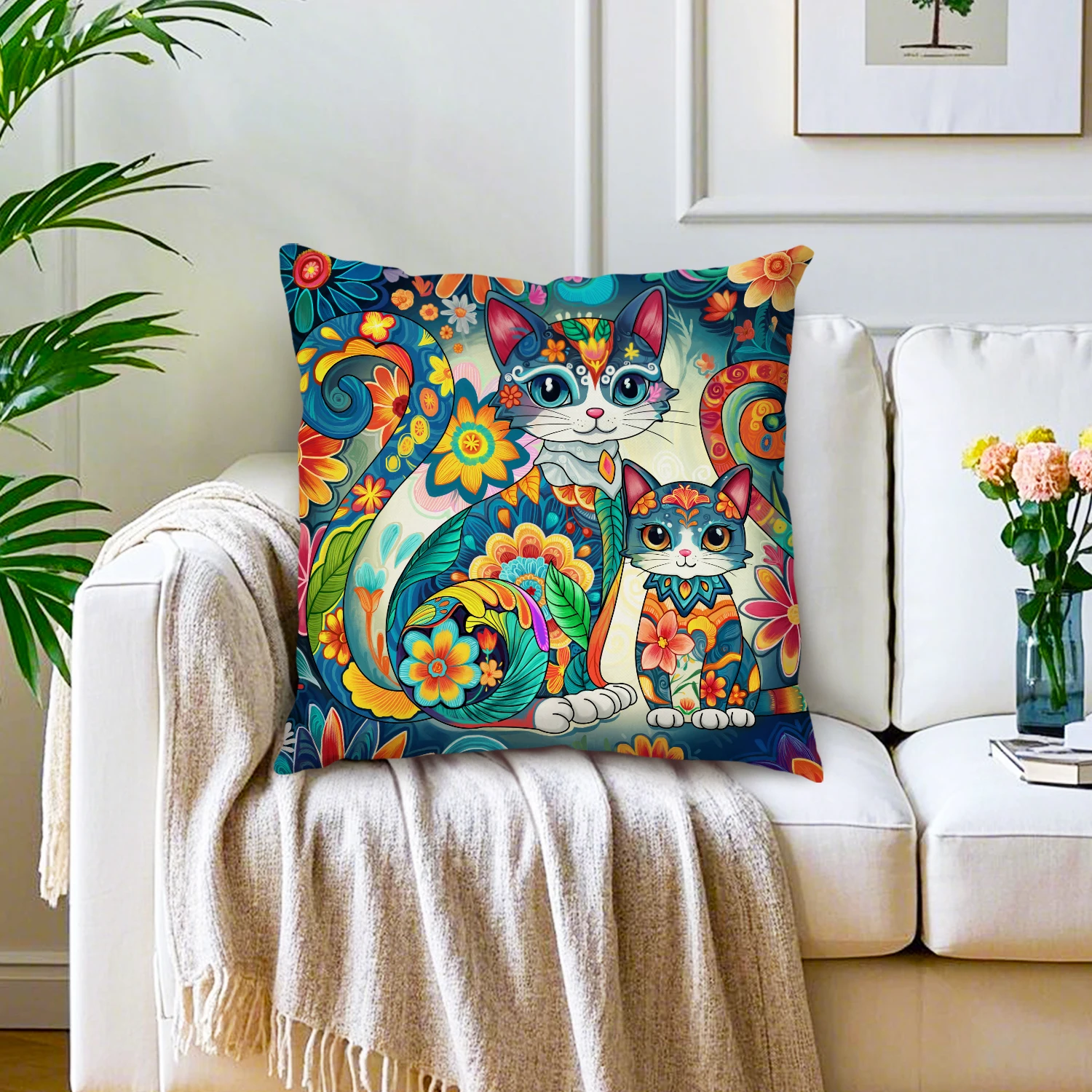 Bohemian Cat Floral Linen Cushion Cover Kitten Animal Throw Pillowcase Pet Lovers Gift Whimsical Nature Decor Sofa Couch Bedroom