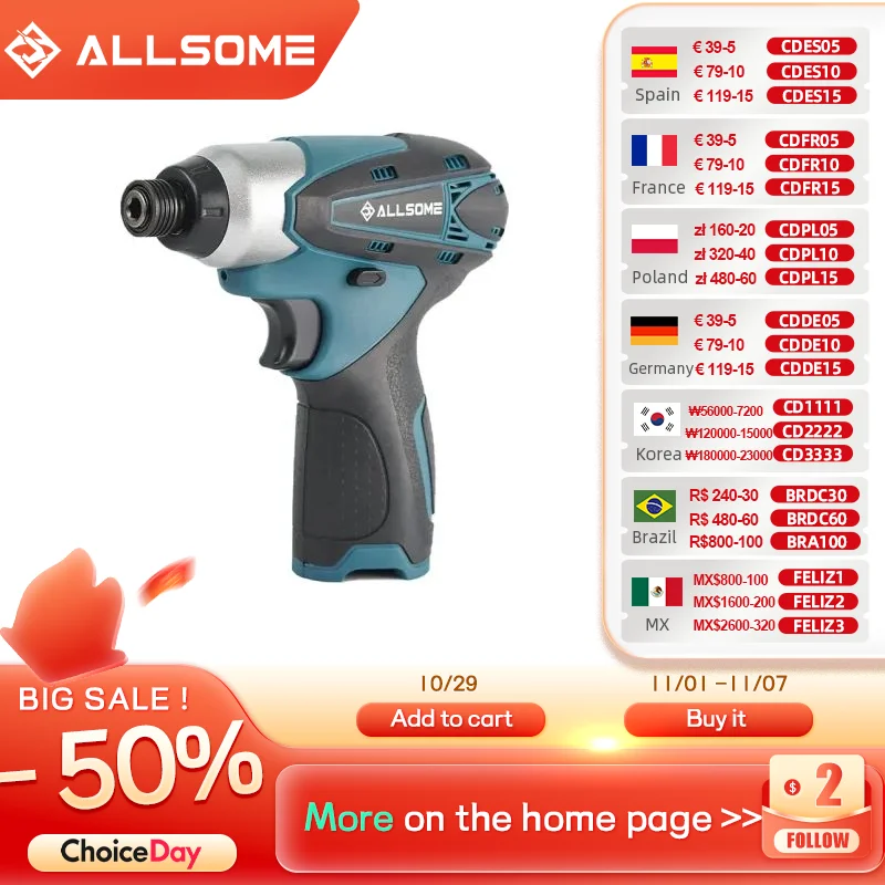 

ALLSOME 12V Electric Cordless Screwdriver 1/4 Chuck Forward/Reverse Li-ion Battery Variable Speed With LED Power Tools