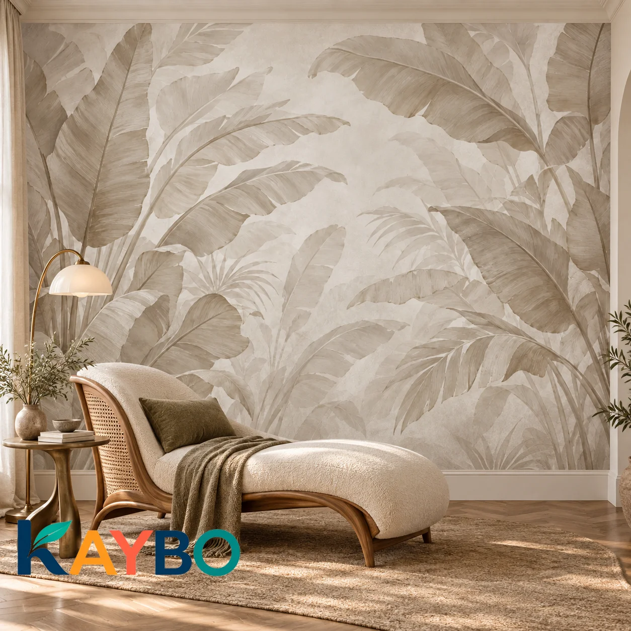 Beige Tropical Leaves Wall Mural Banana Palm Botanical Wallpaper Non Self Adhesive Living Room Bedroom Neutral Nature Wall Decor
