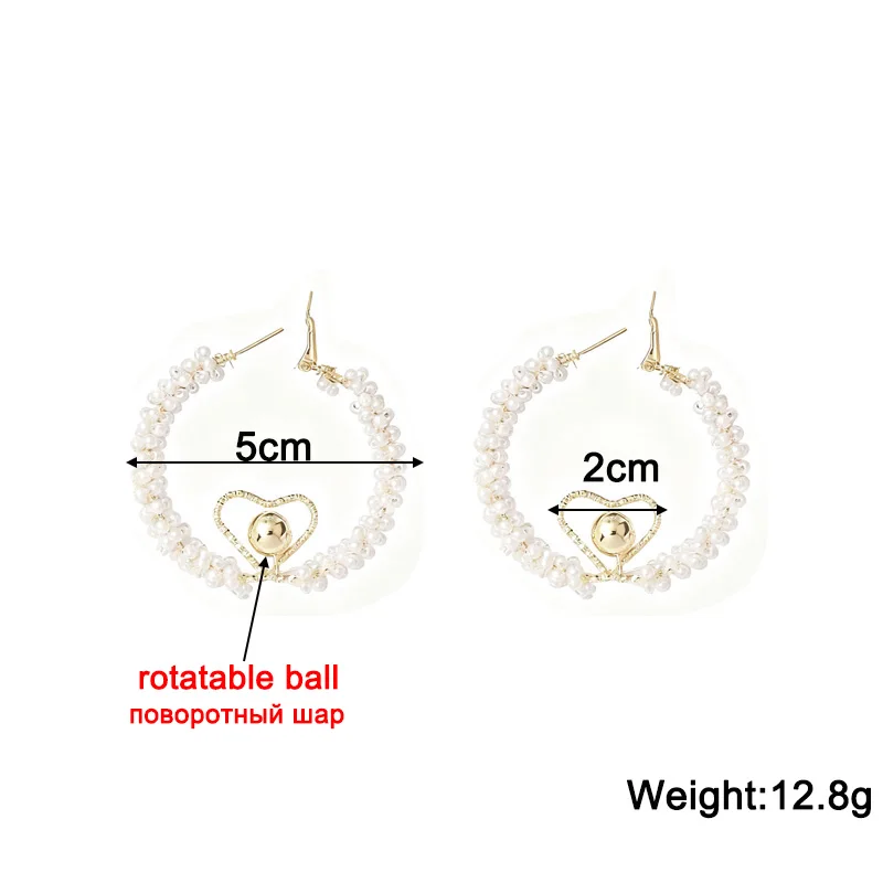 2026 Women's Pearl Hoop Earrings with Gold Color Heart Rotatable Metal Ball in Middle Unique Design White Loop Earrings