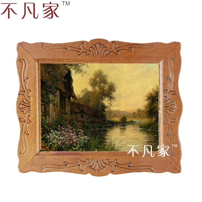 Wholesale Dollhouse 1:12 scale miniature classical beautiful village with a stream oil painting D-9