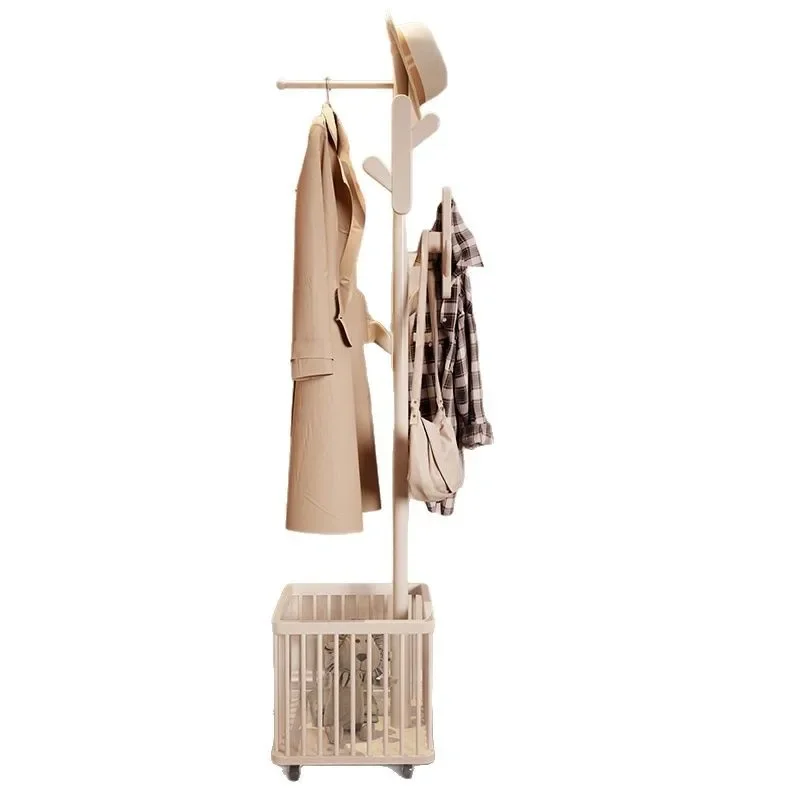 

Solid wood hanger Floor-to-ceiling coat rack Bedroom removable household dirty basket Shelf hanger Hanging hanger