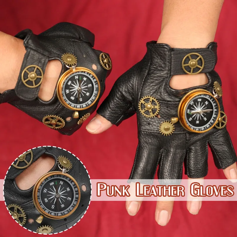 Medieval Men Women Steampunk PU Leather Compass Gloves Fingerless Fashion Hip Hop Punk Gloves Half Finger Gloves Cosplay Prop