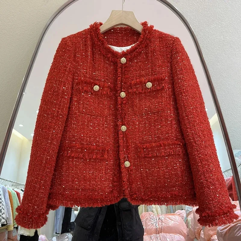 Red Cropped Tweed Coat Women Korean Fashion Long Sleeve Autumn Winter Jacket Single Breasted Down Cotton Lined Warm Lady Outwear
