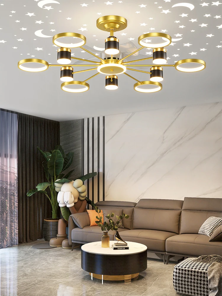 Modern Sky Starlight Chandelier Ceiling Fans with LED Pendant Lamp Remote Control Living Room Restaurant Bedroom Indoor Lighting