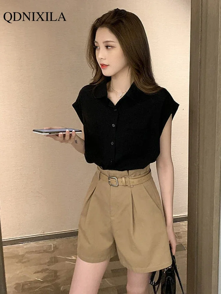 2024 Summer Women\'s Shorts Sets Design Fashion Elegant Thin Loose Fashion Sleeveless French Shirts Wide Leg Shorts 2 Piece Set