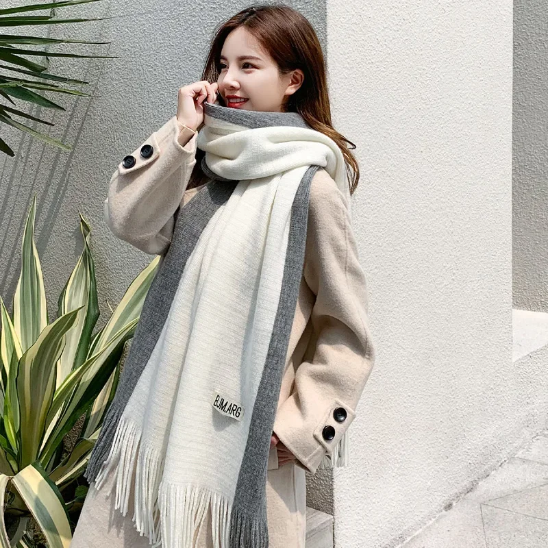 Large Winter Women Scarf Two-Tone Knitted Ponchos Cape Femme Shawl Wraps Pashmina Sjaals Bufandas Mujer Encharpe