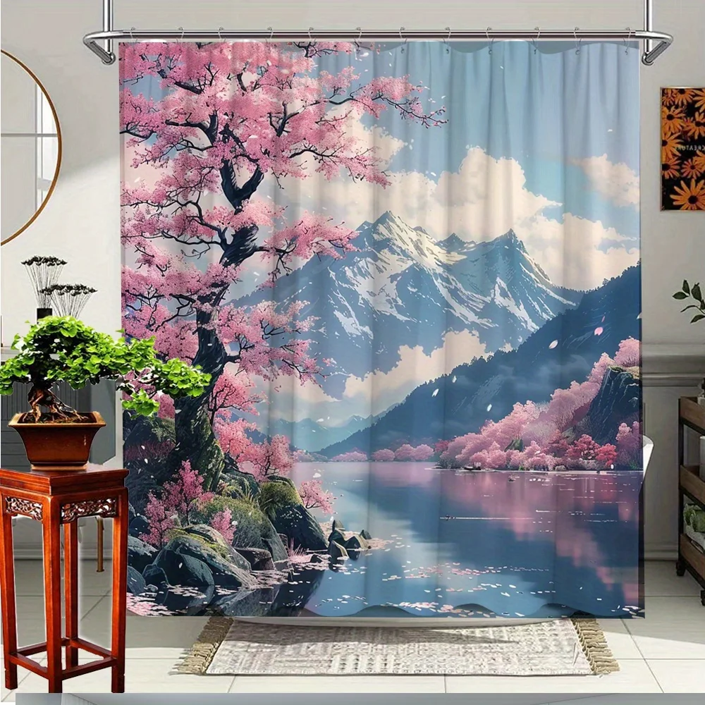 

1pc Scenic Cherry Blossom Shower Curtain - Artistic Nature Design with Pink Cherry Blossoms, Mountain Lake Reflection & Clouds,