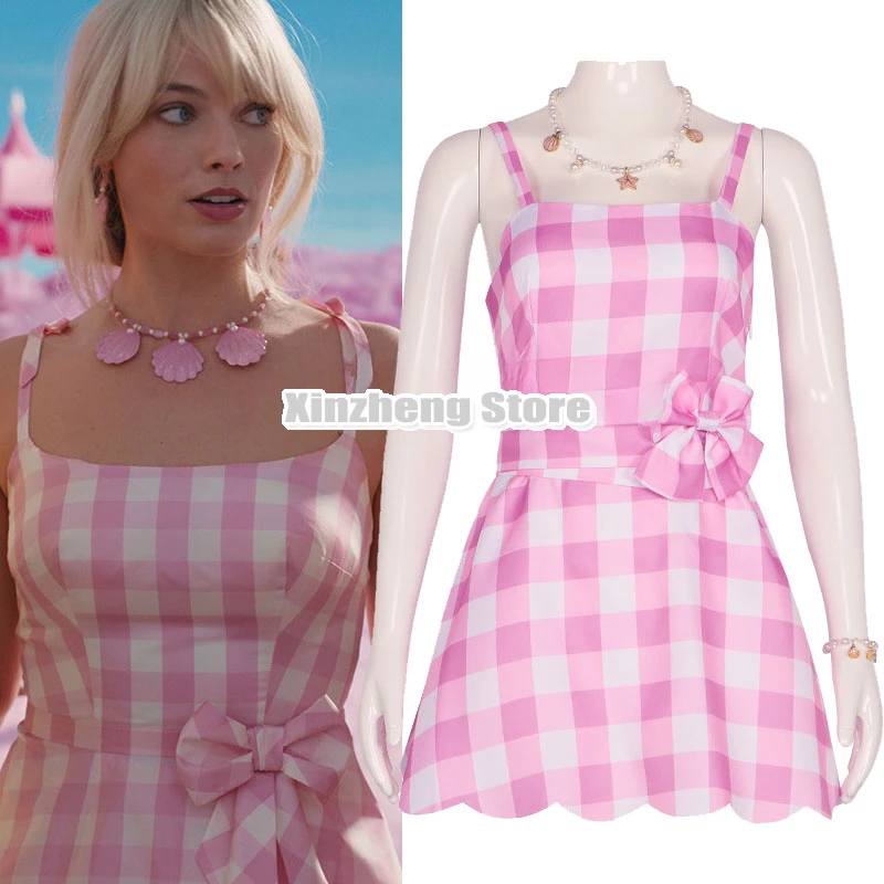 New Movie Barbie Cosplay Costume Pink plaid Slip Sleeveless Dress For Women Square Neck Sexy Short Dress Halloween Party Clothes