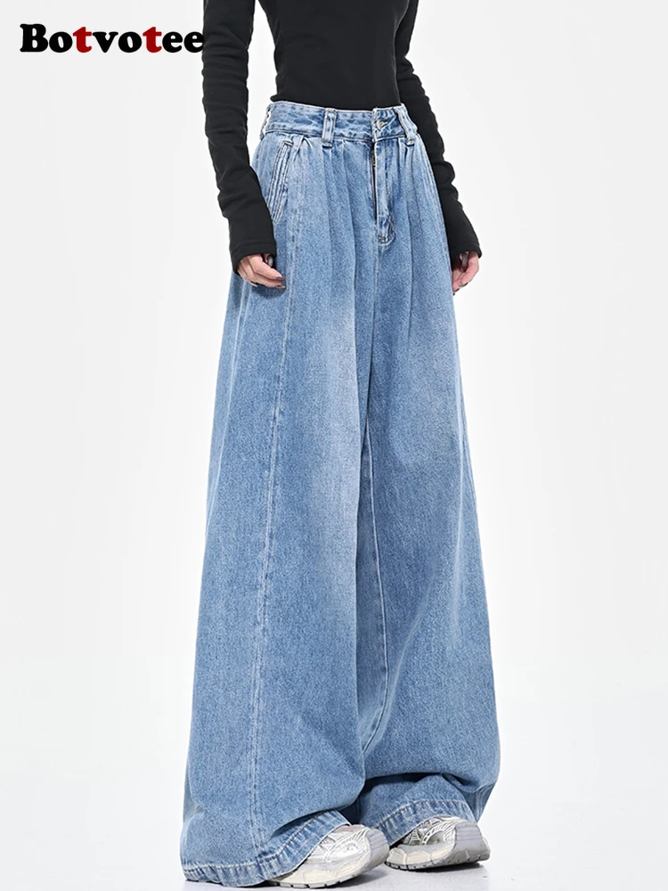 Botvotee Baggy-Cargo-Jeans mit weitem Bein und hoher Taille, Punk-Stil, Baggy, lockere blaue Denim-Hose, übergroße Y2k-Jeans