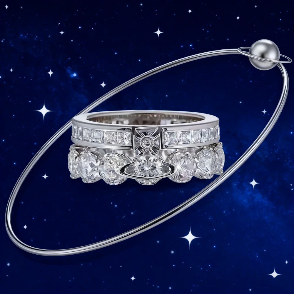 Anillo Saturno de diamante grande desmontable de doble capa de plata de ley S925 para mujer