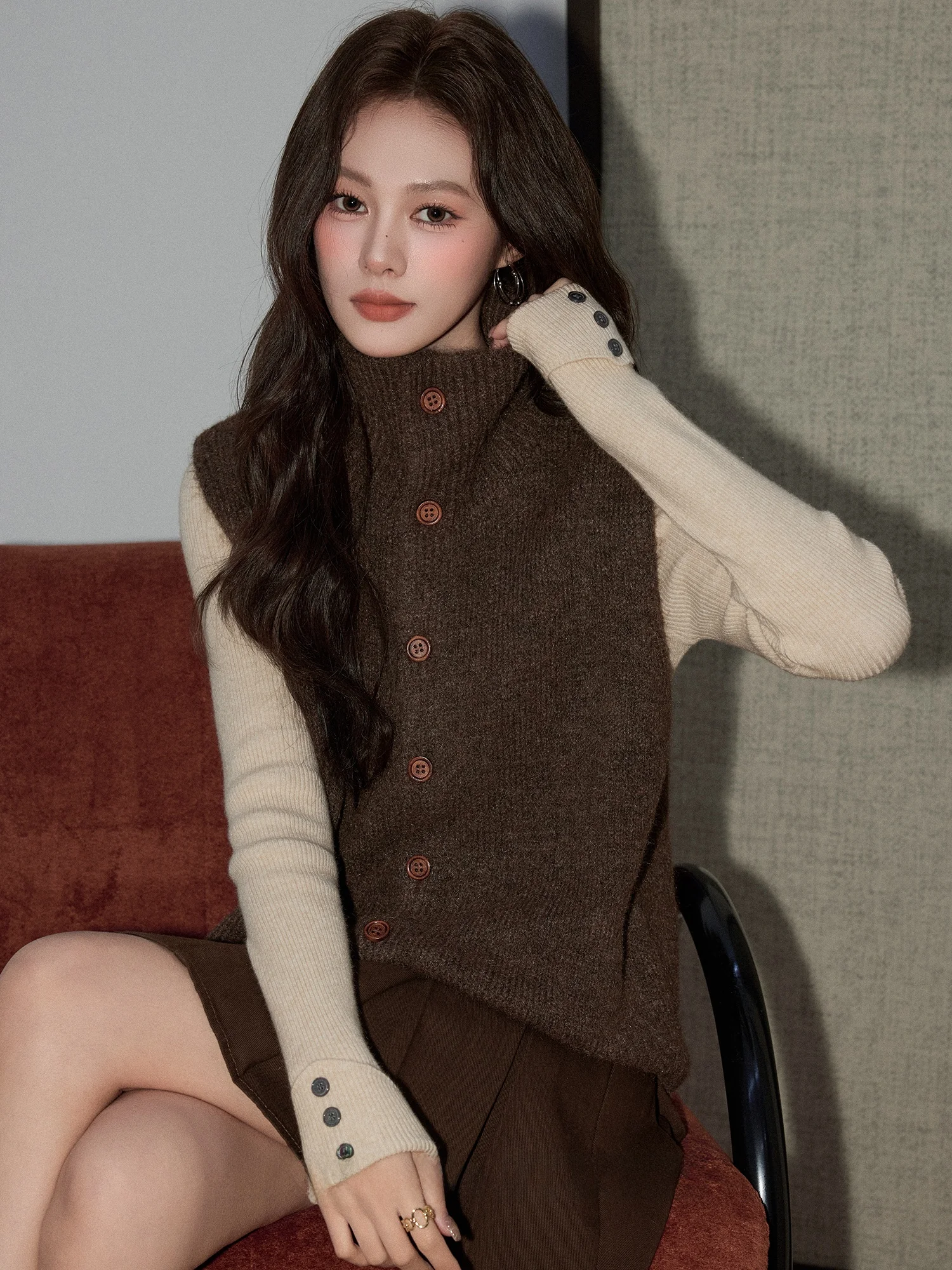 

Retro Sle Women's High Collar Knitted Vest Svel Outerwear Sweater Ci Commute Warm Thi Loose Fit Single Button