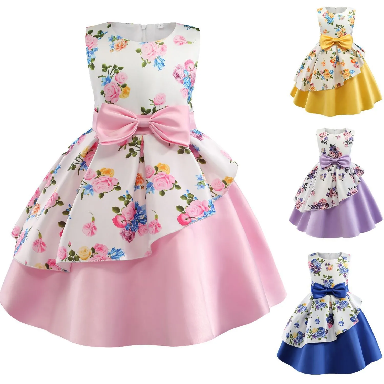 

Elegant Girls Wedding Dress Kids Bridesmaid Flower Print Bow Gown Children Birthday Prom Performance Sleeveless Princess Dress