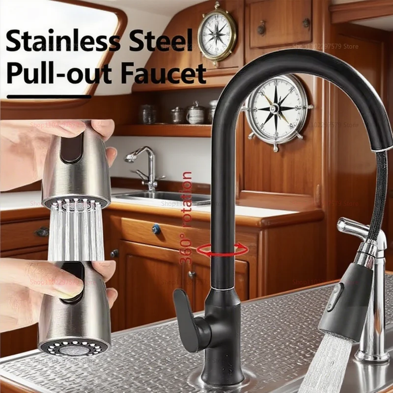 صنبور مطبخ من الفولاذ المقاوم للصدأ بفتحة واحدة صنبور سحب 360 صنبور خلاط حوض دوار مع رأس رش تدفق لسهولة التنظيف #3