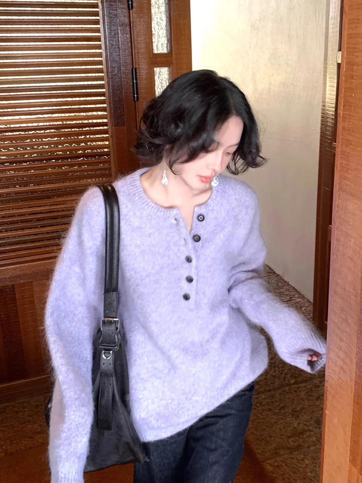 

New Arrival Wine Noon Spring Vintage Alpaca Wool Blend Button up Sweater Top Women's Loose Fit Knitted Long Sve Thermal