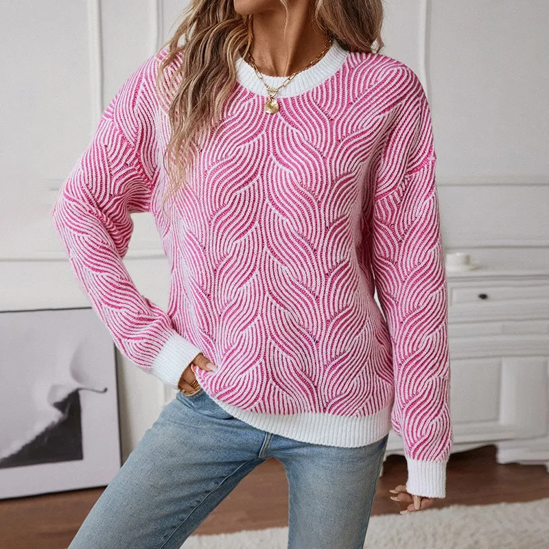 Striped Round Neck Sweater Loose Fit Graceful Commuter with Heat Set Finish Medium Weight Elegant Single Pullover Women Sweater