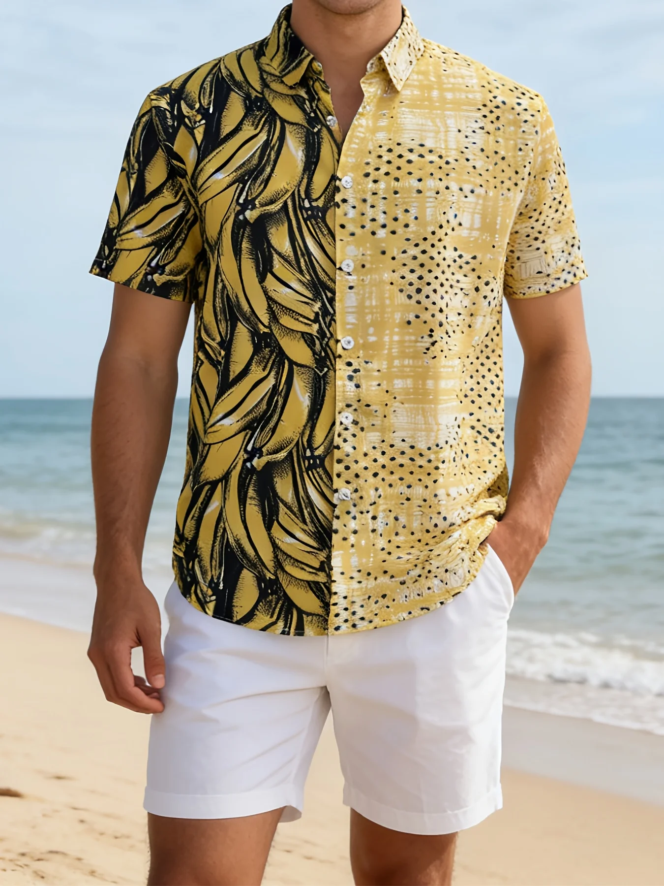 Half Banana Sketch Dot Grid Mixed Pattern Full Print Lightweight Men Hawaiian Holiday Shirts Mens Casual Wear