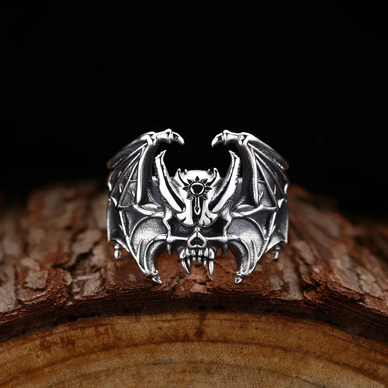 Skeleton Bat Ring Imitation Silver Opening Retro Personalized Trendy Wide Edition Ring Punk Jewelry