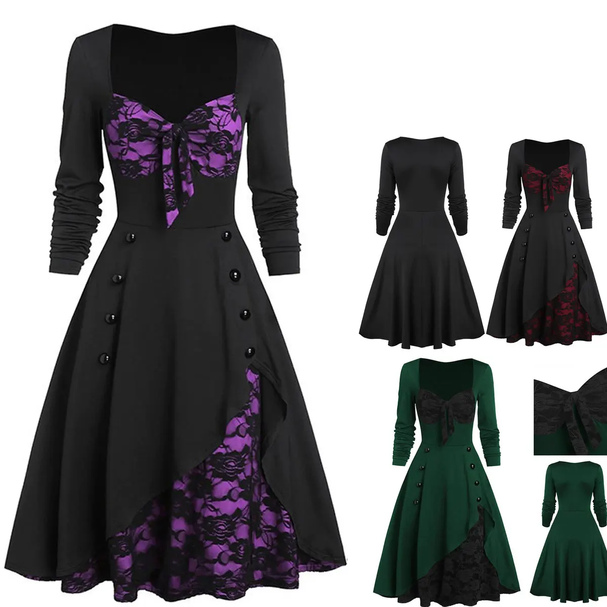 Victorian Gothic Queen Evening Dress Women Halloween Cosplay Court Costume Retro Lace Patchwork Dress Medieval Renaissance Dress