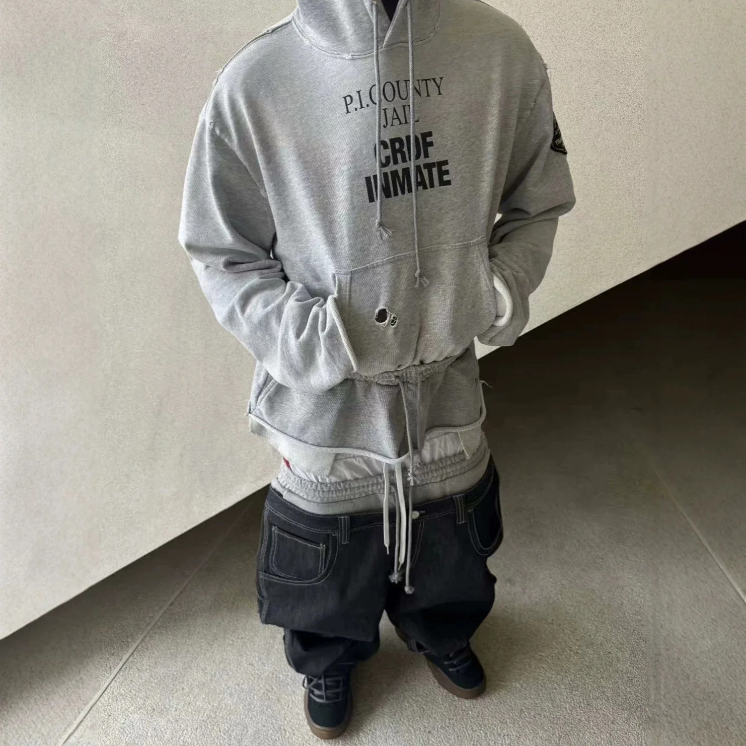 Grailz Patchwork Design Waist-Skimming Printed Two-Sided Logo Denim Hooded Sweatshirt for Men Protocol Index