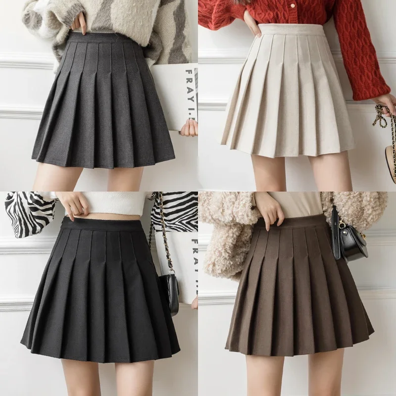 Autumn Winter Woolen Mini Pleated Skirts Women High Waist Loose A-Line Short Skirt Kawaii School Skater Falda Plisada